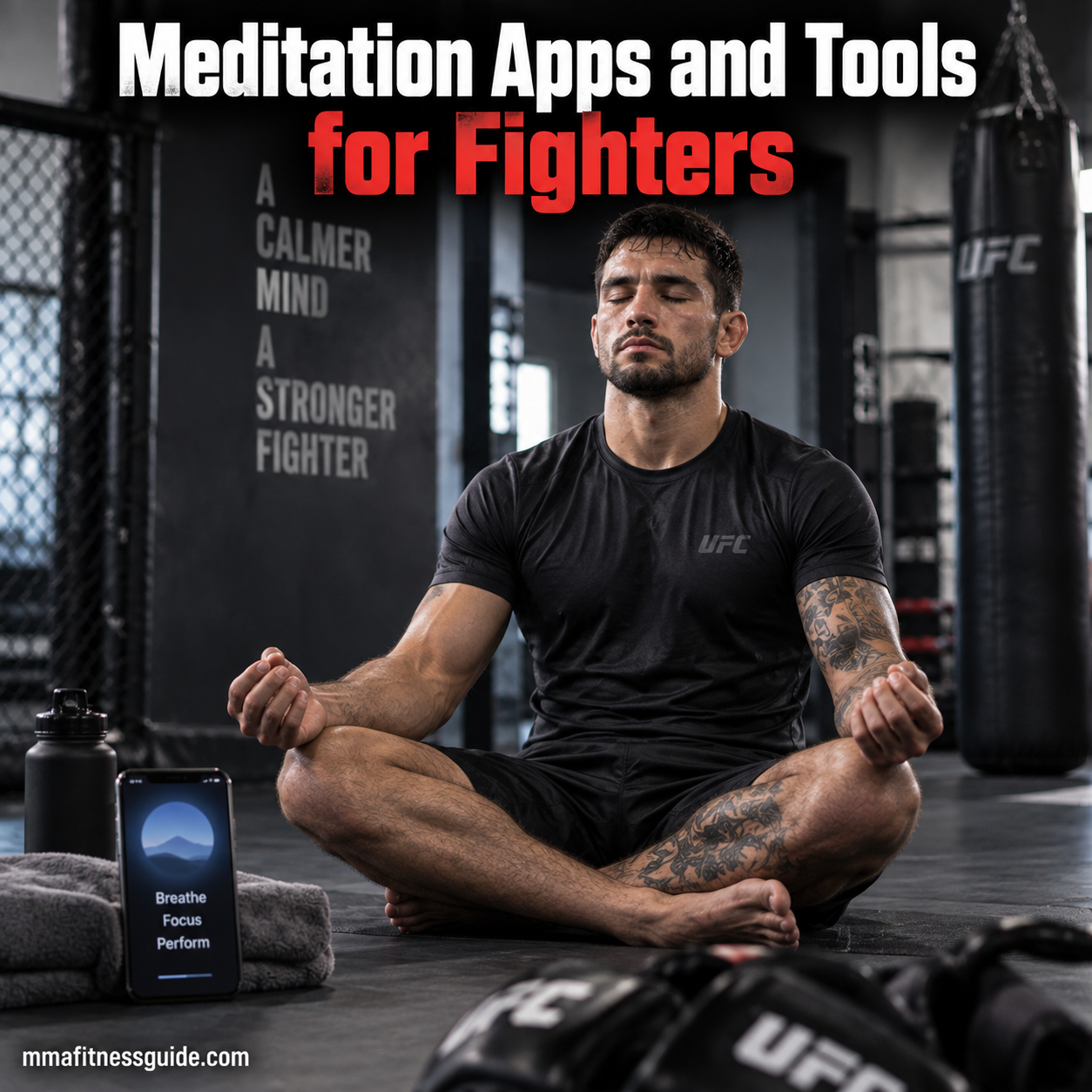 MMA fighter meditating on a gym mat with a meditation app on a smartphone beside him.