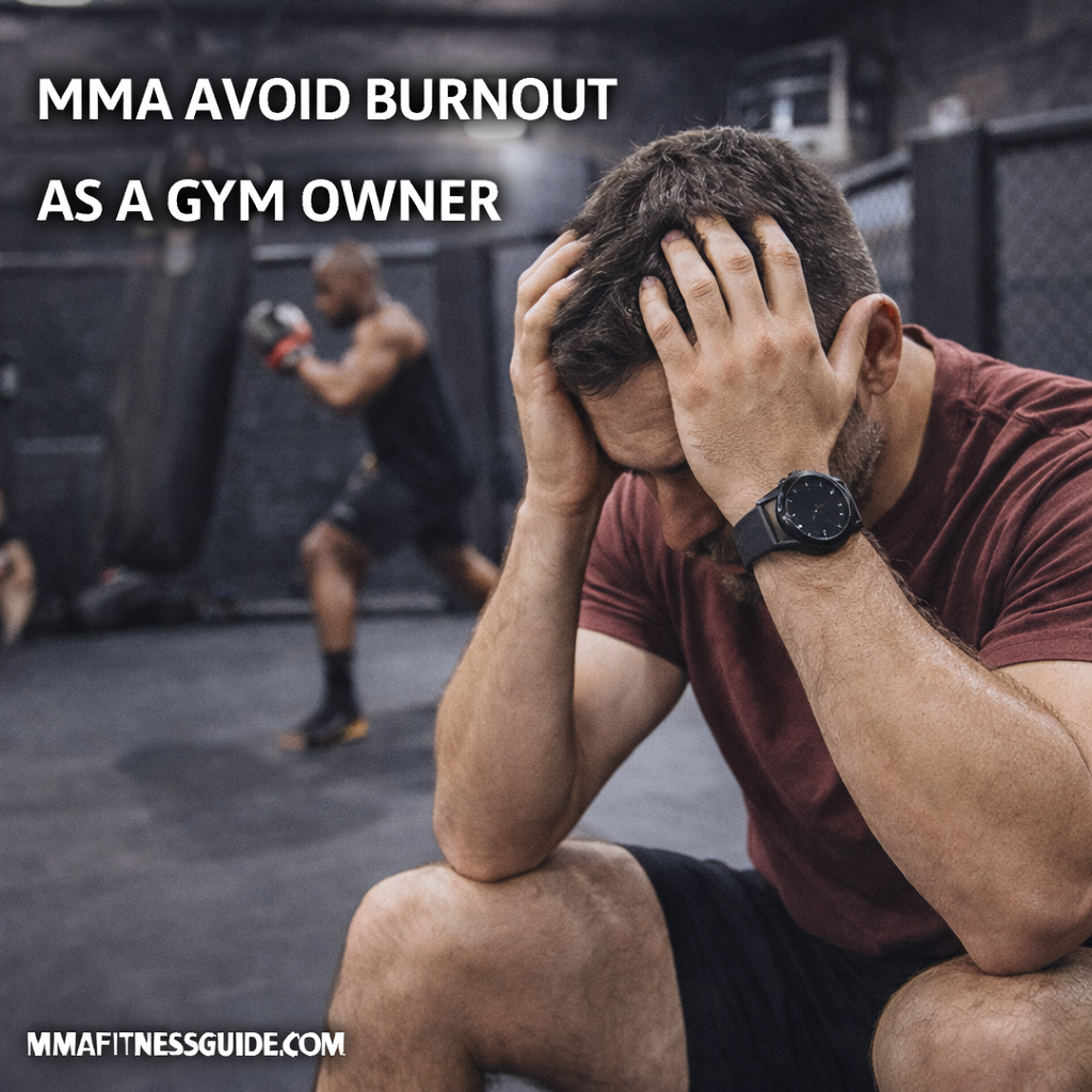 MMA gym owner sitting stressed in a training facility while athletes train in the background, illustrating the challenges of burnout in gym ownership.