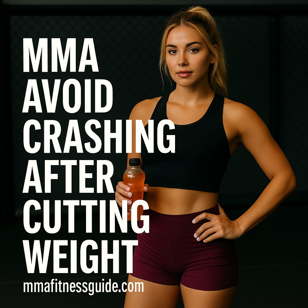 A tan-skinned blonde female athlete standing in an MMA gym holding a sports drink, wearing colored shorts, with the article title “MMA Avoid Crashing After Cutting Weight” and the mmafitnessguide.com watermark.