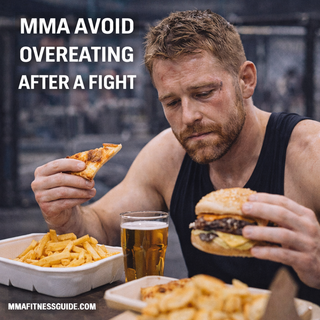 MMA fighter sitting with fast food after a fight, illustrating the challenge of avoiding overeating during post-fight recovery.