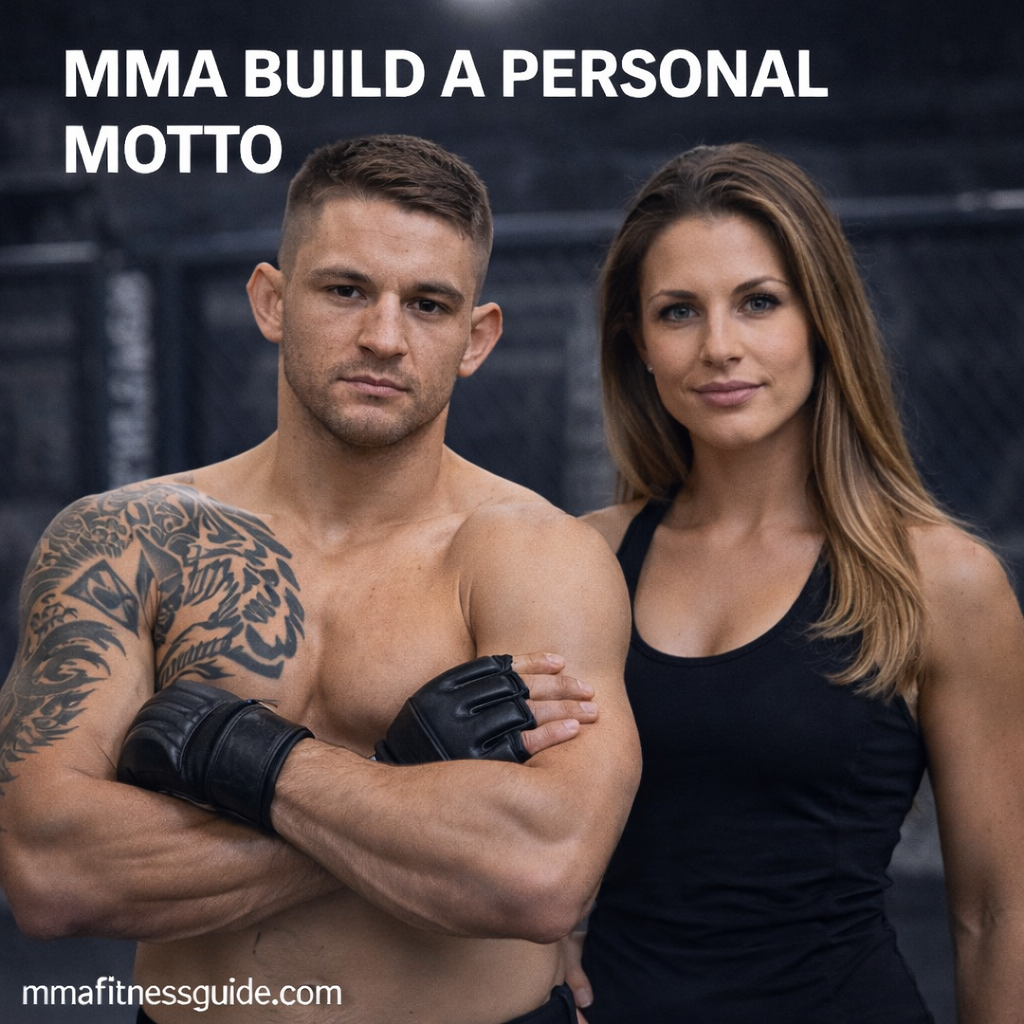 Male and female MMA fighters standing confidently inside a gym, representing mindset development and building a personal MMA motto.
