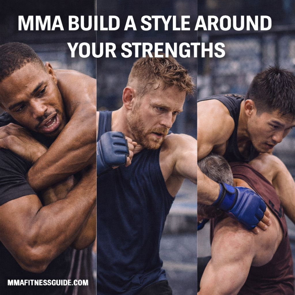 Split-image of MMA fighters using striking, grappling, and takedowns, representing how fighters build a style around their individual strengths.