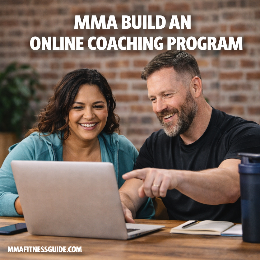 MMA coaches working on a laptop to build an online coaching program, collaborating.