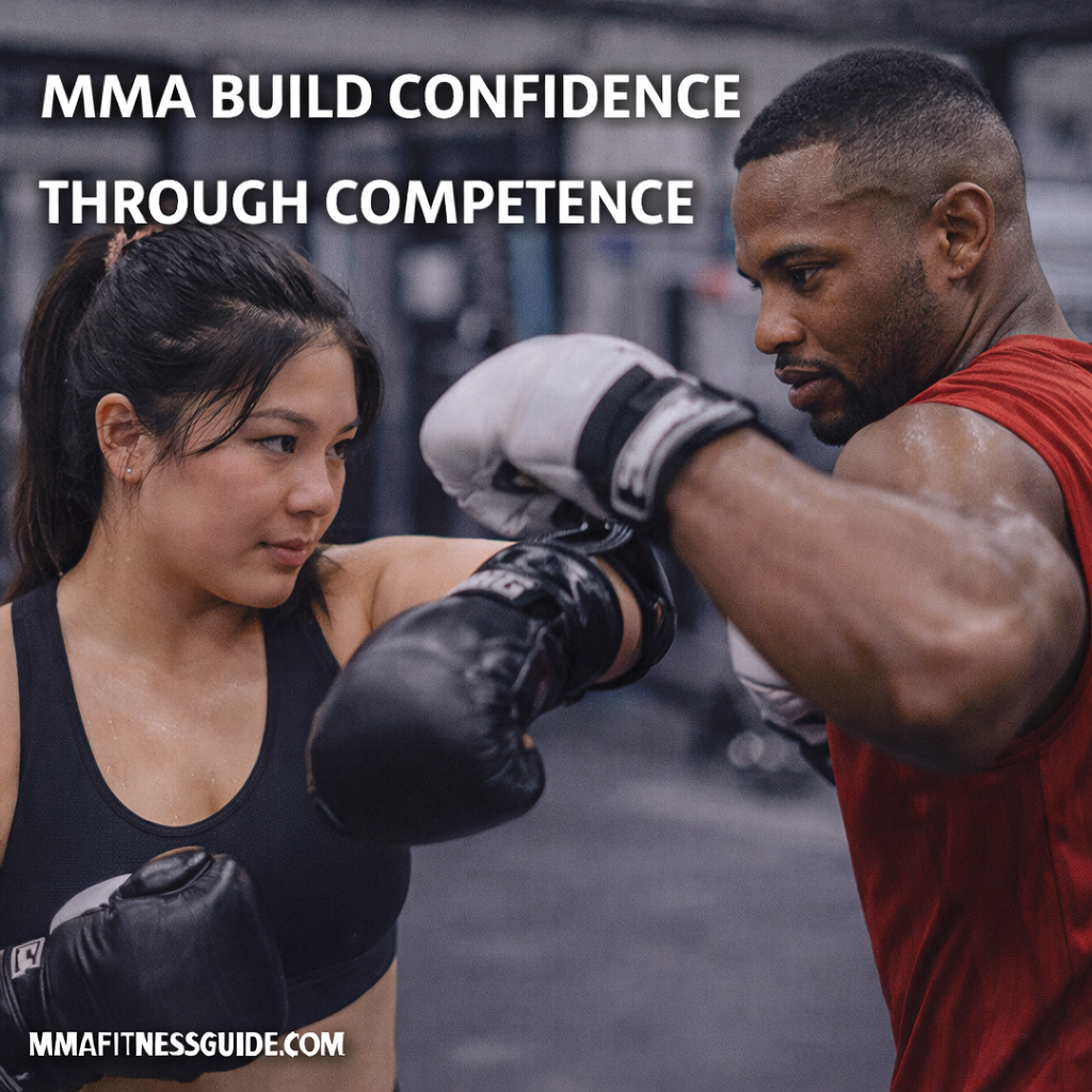 MMA athletes sparring with focus and control in a gym, illustrating how skill development and repetition build real confidence.
