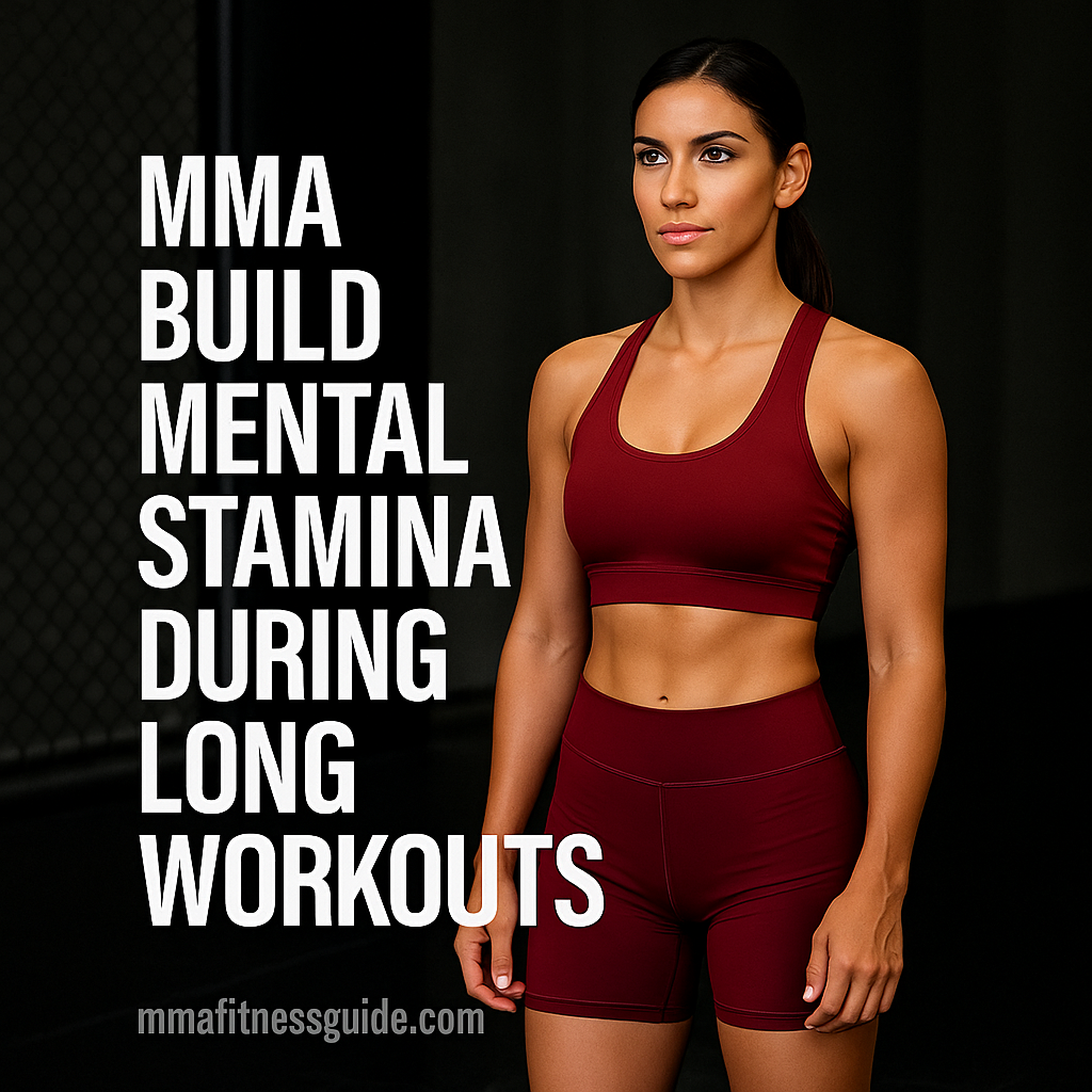 Female MMA athlete standing in a gym wearing a burgundy sports outfit, looking focused beside bold text about building mental stamina during long workouts.