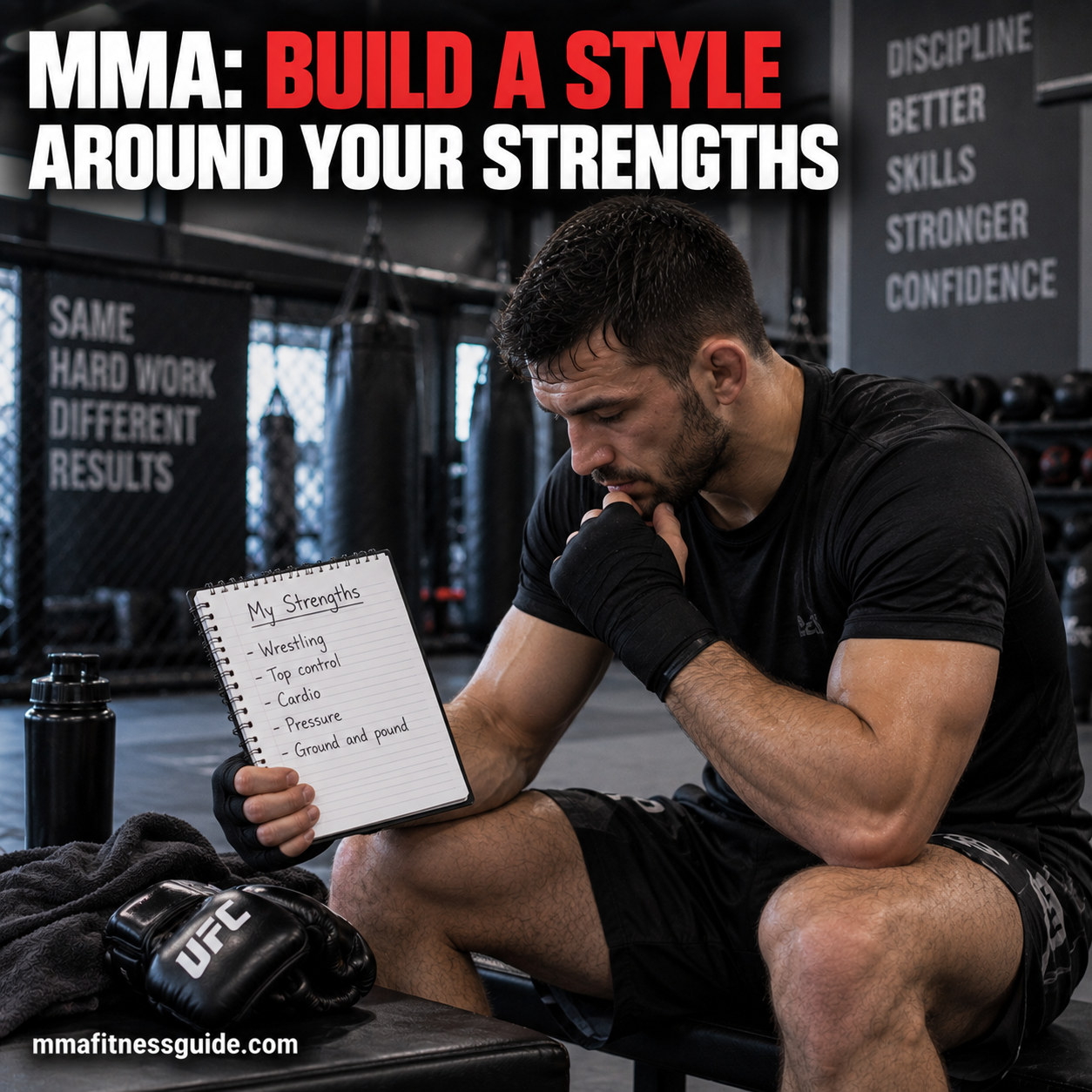 MMA fighter reviewing his wrestling, cardio, pressure, and ground control strengths while developing his fighting style.
