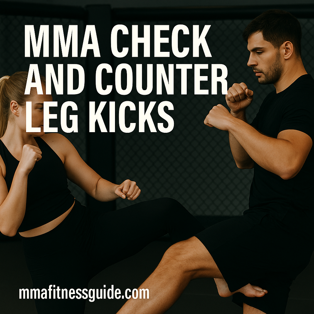 A male and female MMA athletes practicing a leg kick and defensive check in a gym, shown with the article title and mmafitnessguide.com watermark.