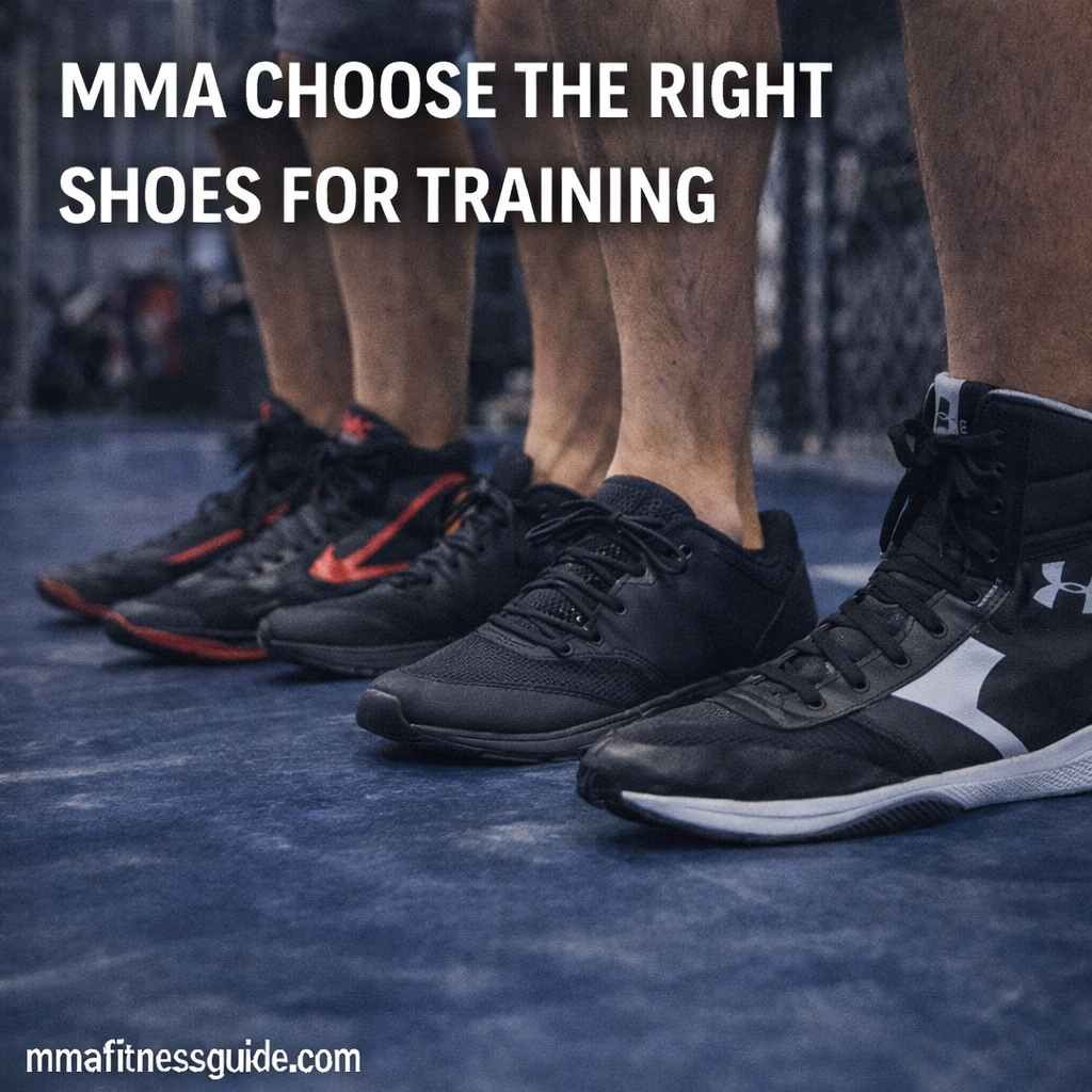 Different types of MMA training shoes on a gym floor, including cross-training, wrestling, and boxing shoes used for conditioning and fight training.