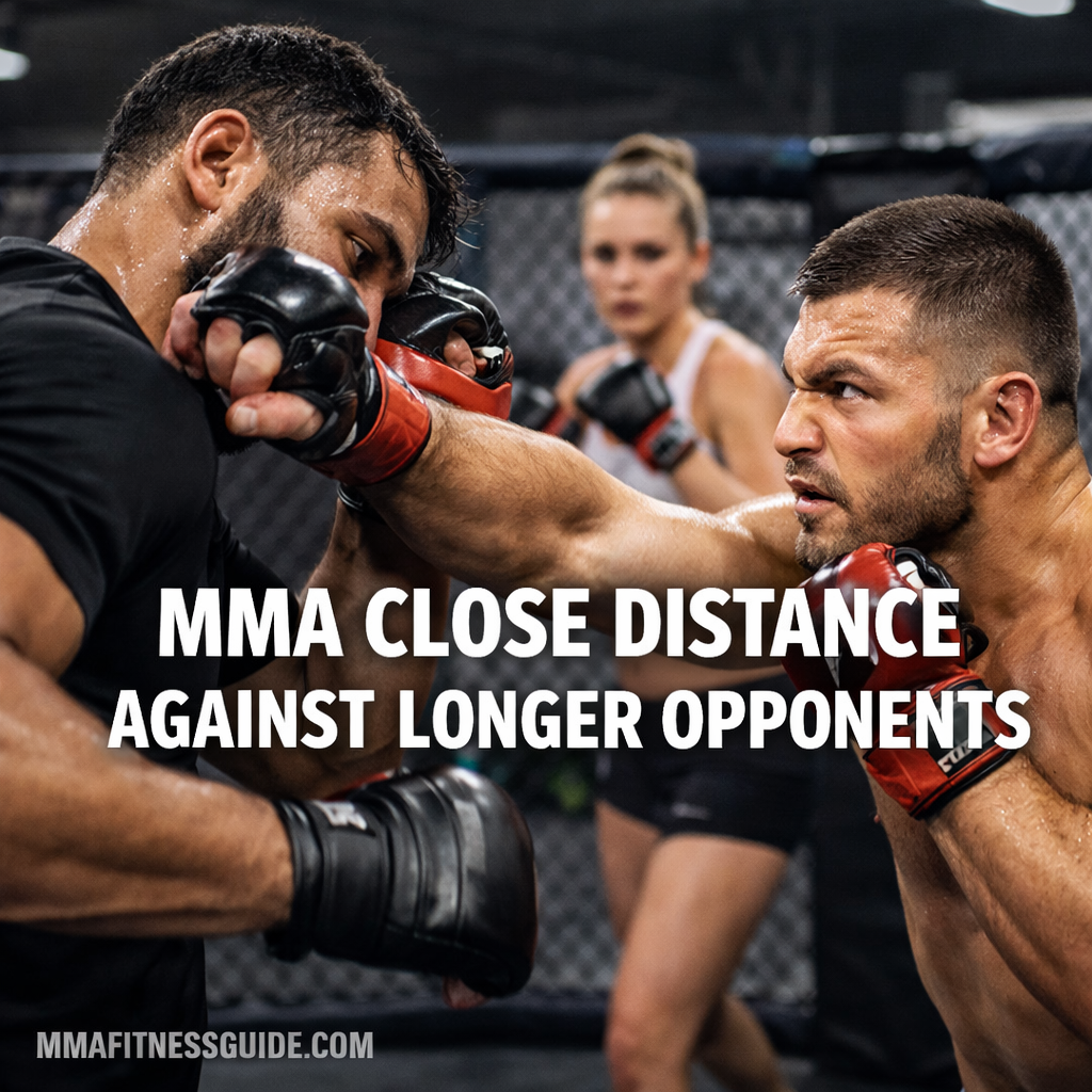 MMA fighter closing distance on a taller opponent inside a cage while another fighter trains in the background.