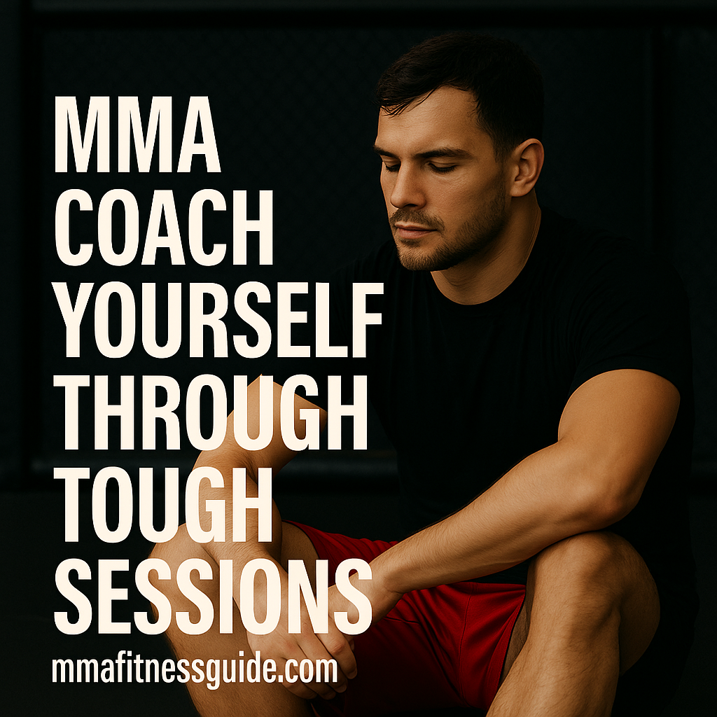 A focused, tan-skinned male athlete sitting on the gym floor in an MMA training space, wearing red shorts, with the title “MMA Coach Yourself Through Tough Sessions” and the mmafitnessguide.com watermark.