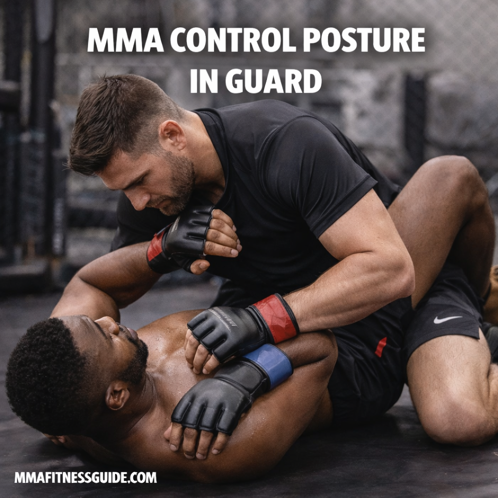 MMA fighters demonstrating posture control in the guard position during grappling training in a gym.