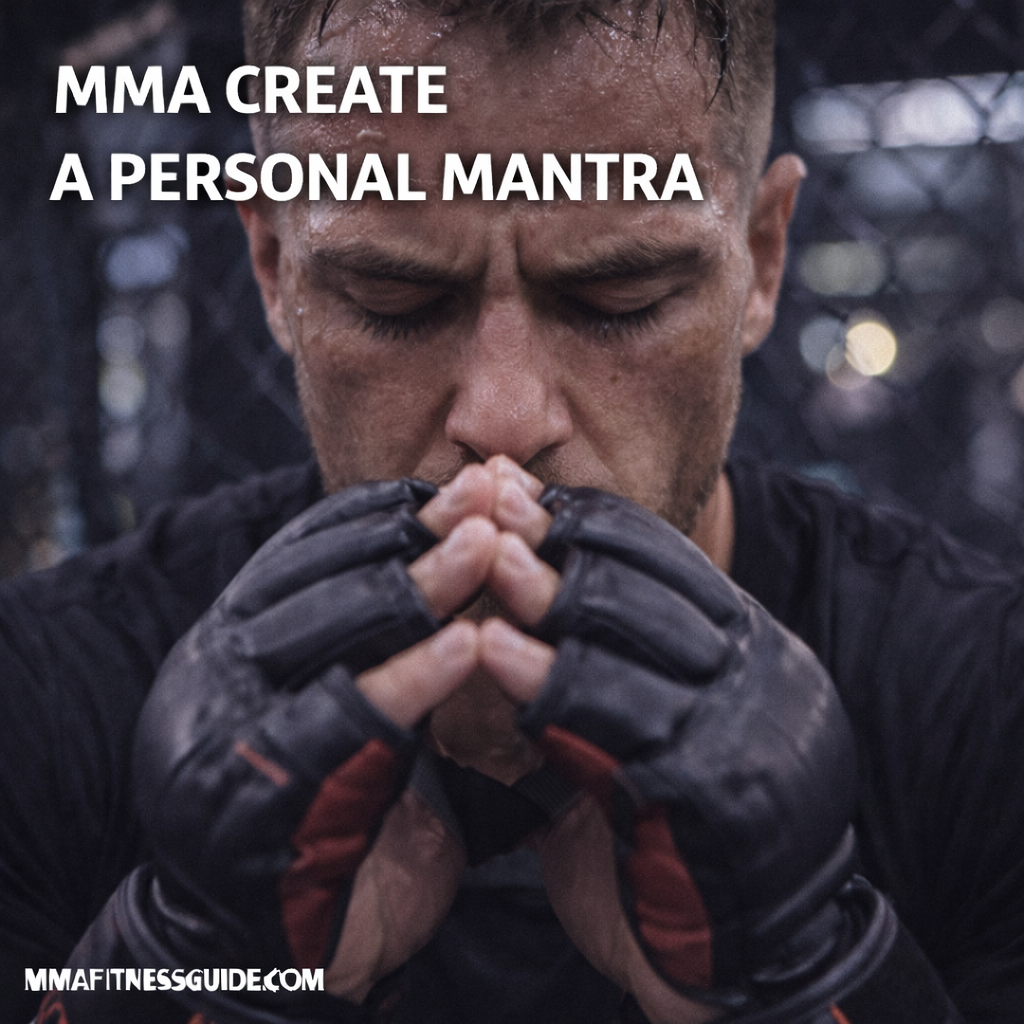 MMA fighter focused and centered inside the cage, symbolizing mental clarity, intention, and the use of a personal mantra for performance.