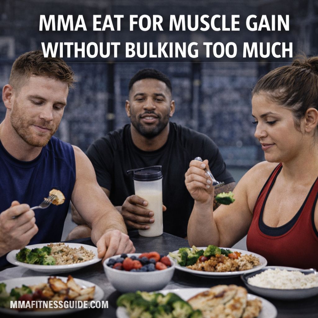 MMA athletes eating balanced meals for lean muscle gain without excessive bulking, featuring protein-rich foods and recovery nutrition.