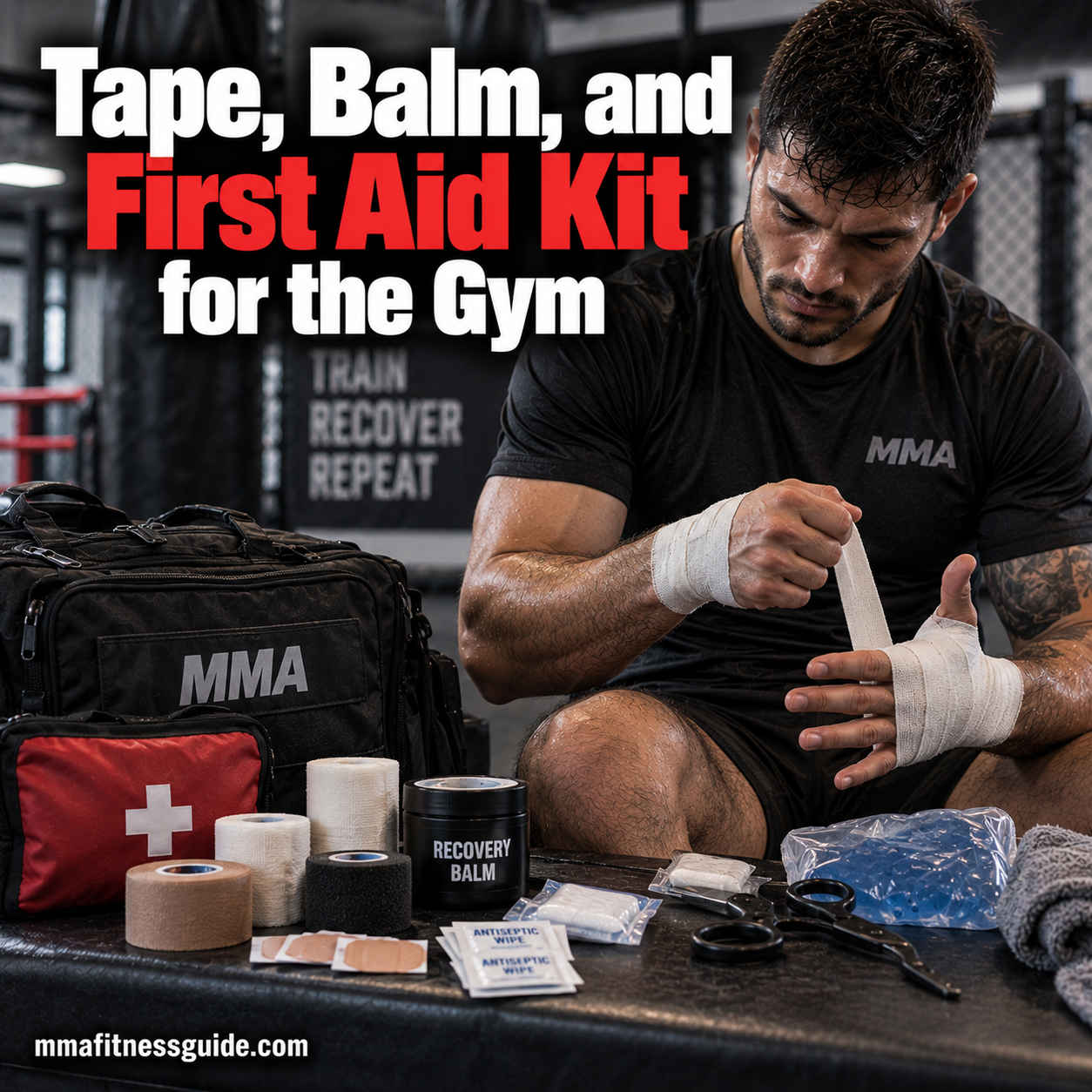 MMA fighter using athletic tape beside a gym first aid kit with gauze, bandages, balm, antiseptic wipes, and cold pack