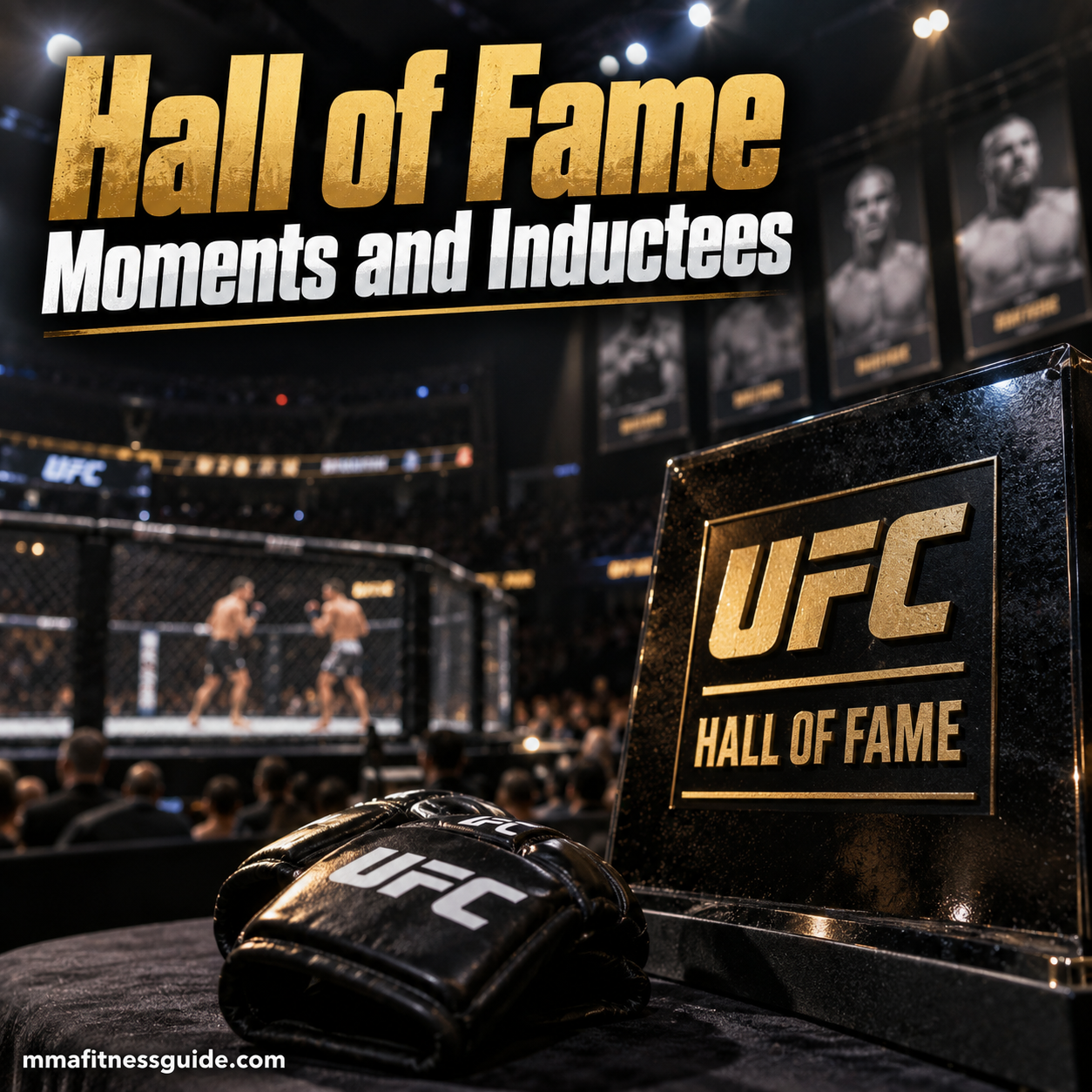 MMA Hall of Fame moments and inductees represented by an MMA arena, fighting gloves, and Hall of Fame display