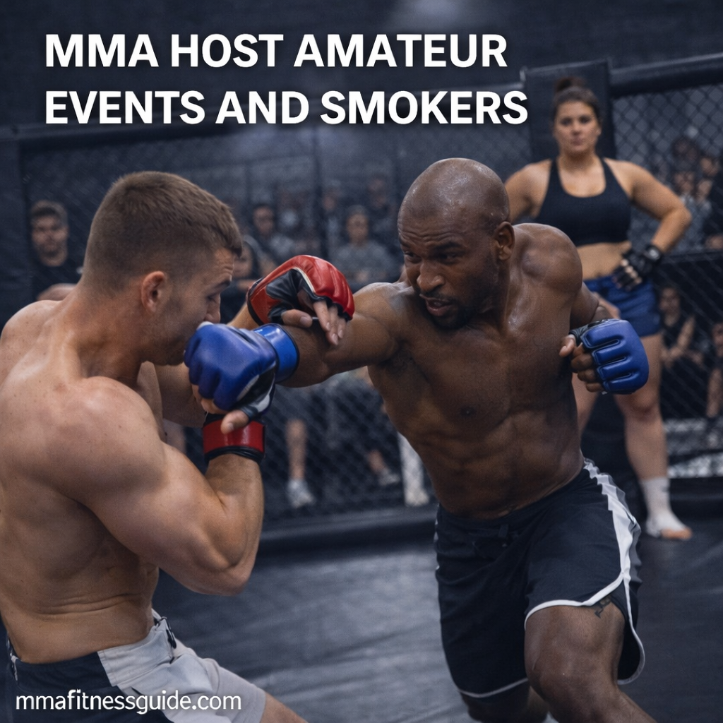 Male MMA fighters competing in an amateur cage match while an athletic female official observes in the background during a local MMA event.