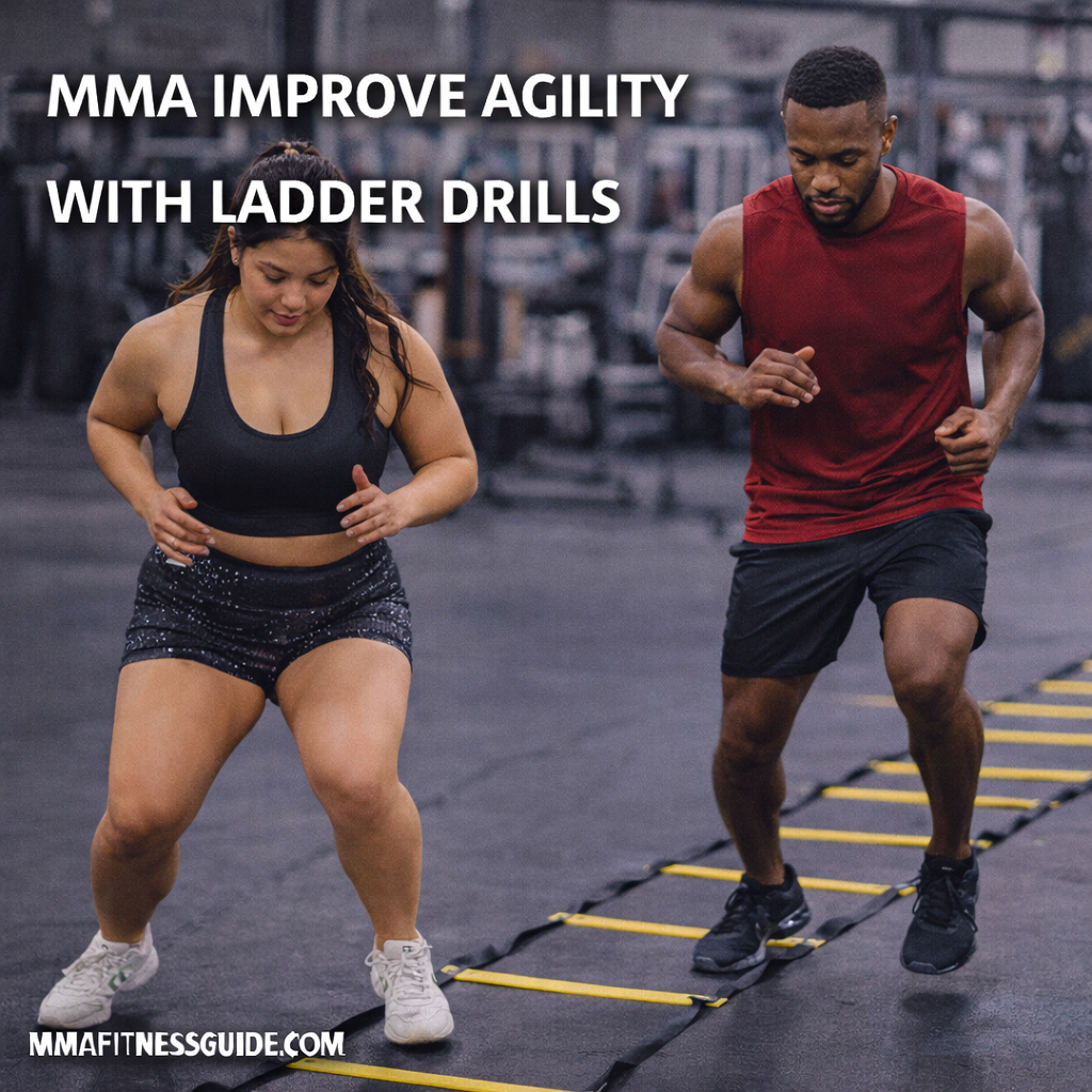 MMA athletes performing agility ladder drills in a gym to improve foot speed, coordination, and movement efficiency.