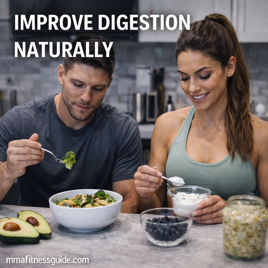 MMA athletes eating nutrient-rich meals in a kitchen to support natural digestion, recovery, and performance.
