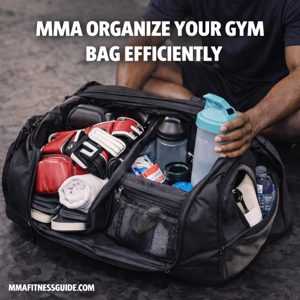 MMA athlete organizing a gym bag with gloves, wraps, towel, and training essentials neatly arranged.