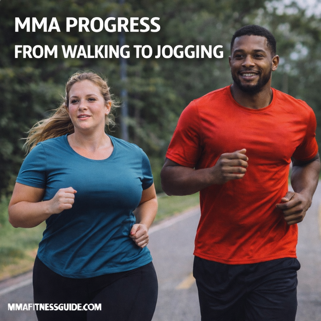 Beginner MMA athletes jogging together outdoors, showing the transition from walking to jogging to build conditioning safely and progressively.