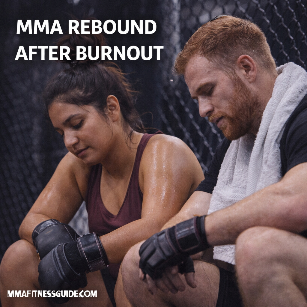 MMA athletes resting after intense training, representing recovery, mental reset, and rebounding after burnout in mixed martial arts.