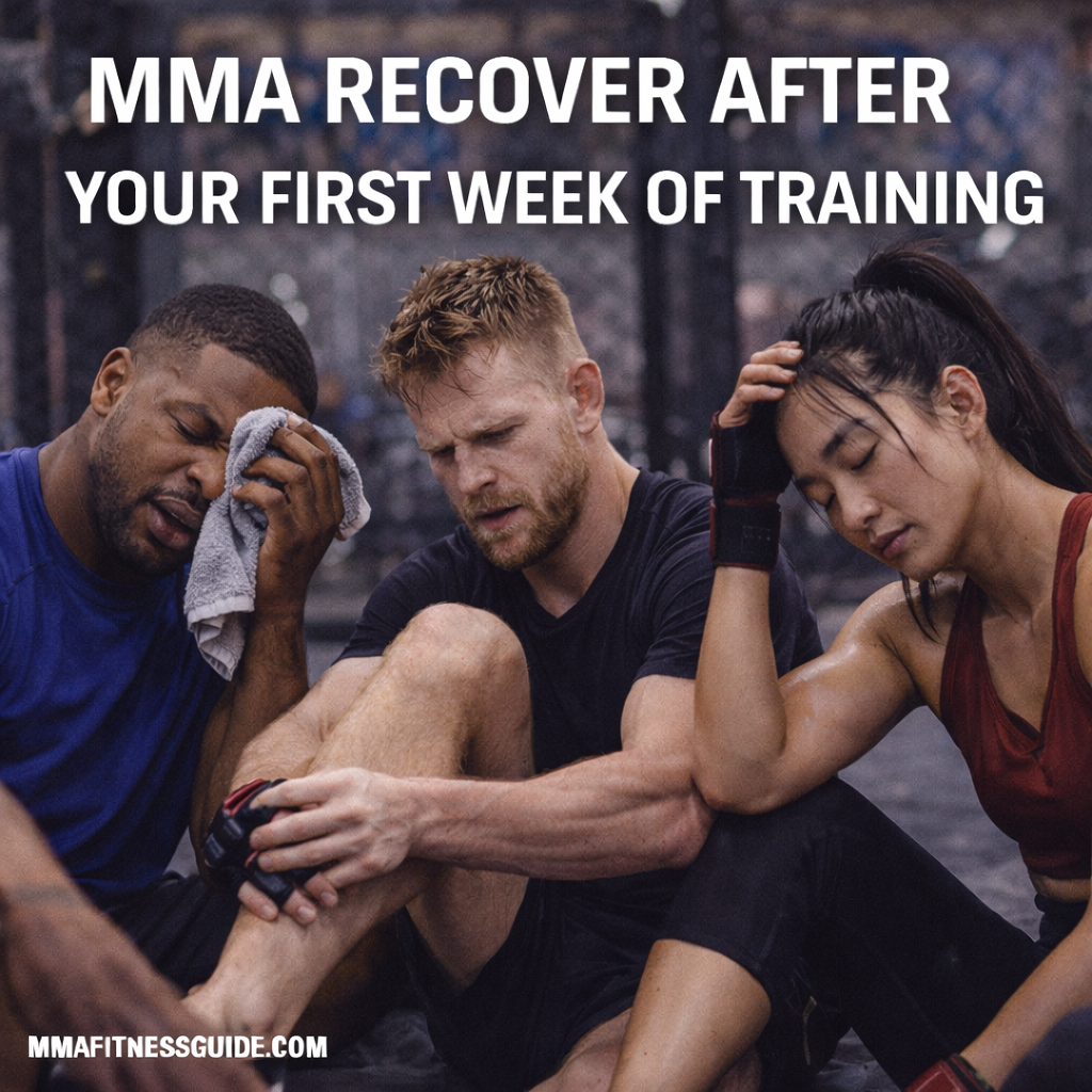 Beginner MMA athletes resting in a gym after training, showing recovery and fatigue following a first week of MMA workouts.