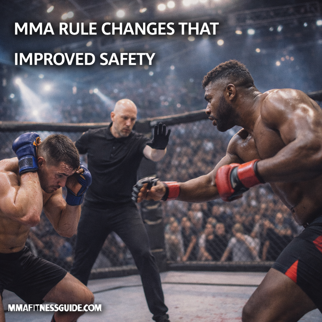 MMA referee stepping in during an octagon fight to protect a fighter, illustrating how modern rule changes improved safety in mixed martial arts.