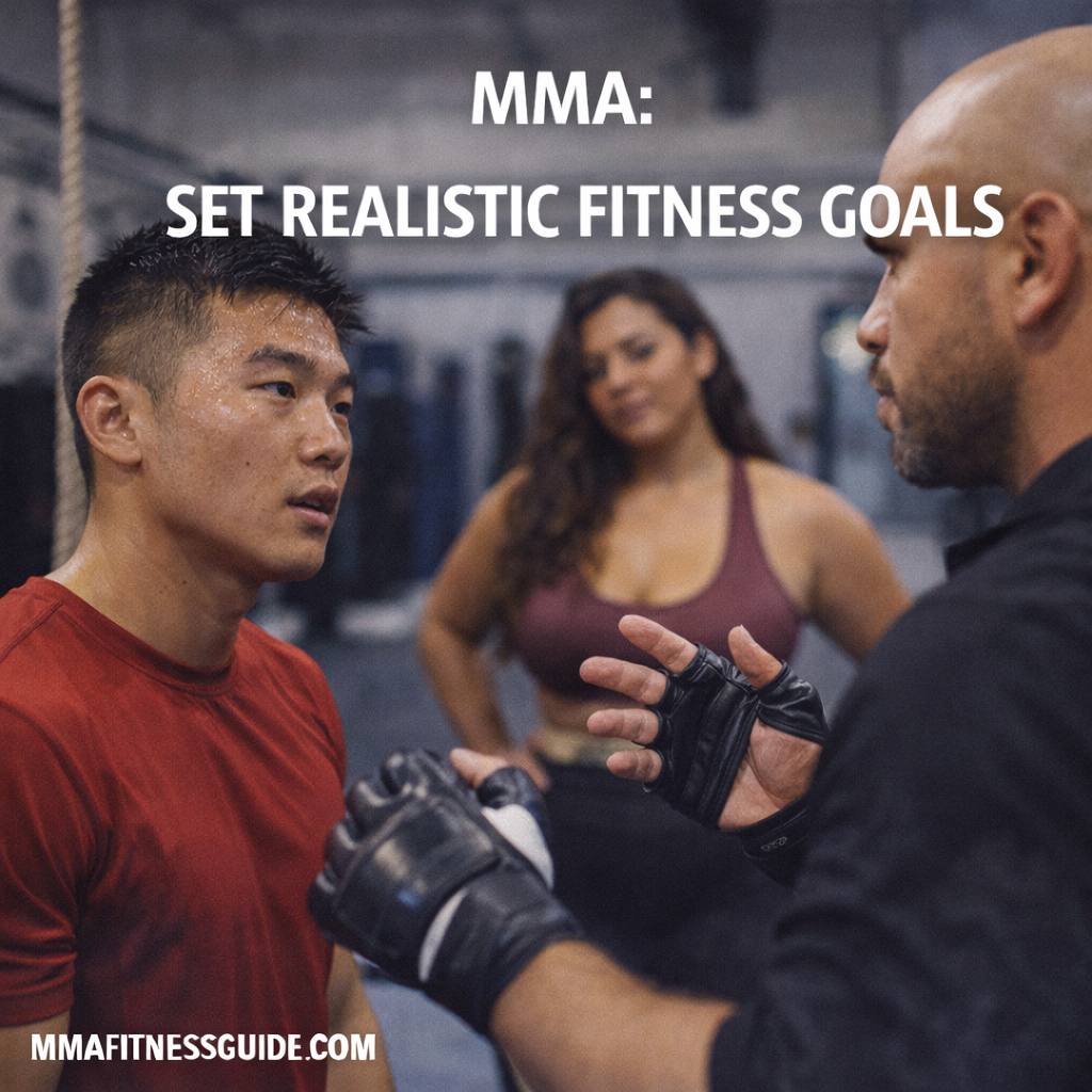 Asian male MMA beginner listening to a coach in a gym while a female athlete stands in the background, representing realistic fitness goal setting in MMA.