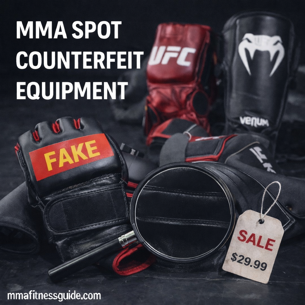 Counterfeit MMA gloves labeled fake alongside authentic-looking training gear, illustrating how to spot imitation equipment.