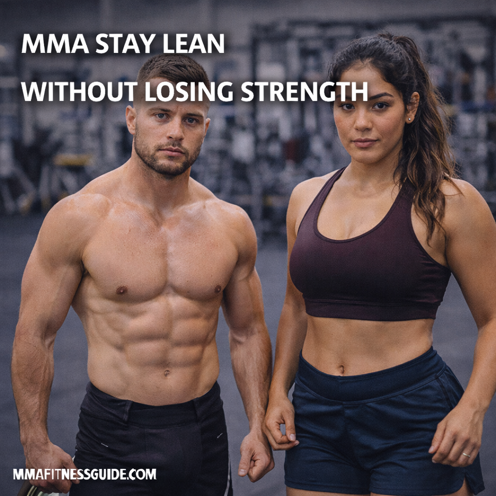 Lean MMA athletes standing in a gym, demonstrating strength-focused conditioning and body composition balance for combat sports.