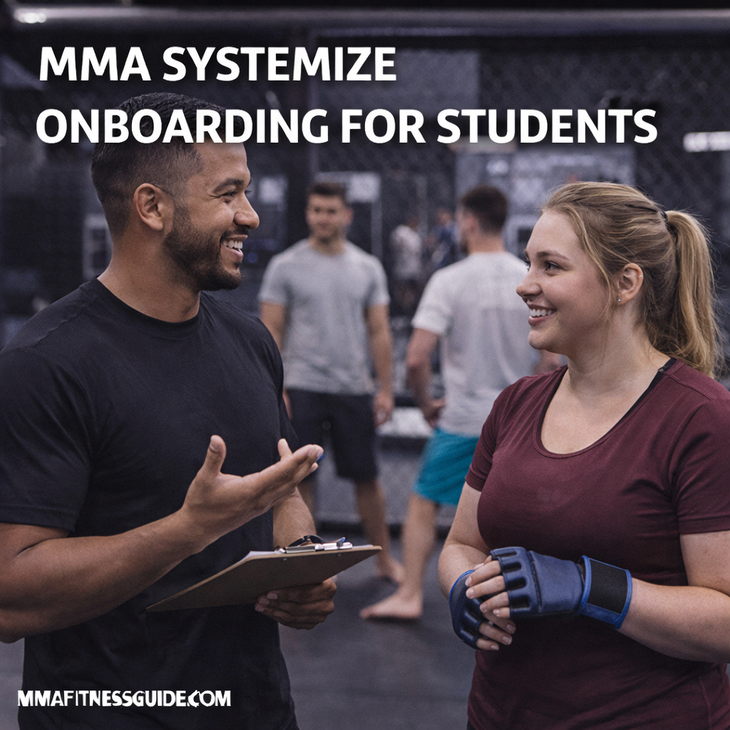 MMA coach welcoming a new student during onboarding at a gym, demonstrating a structured introduction process for beginners.