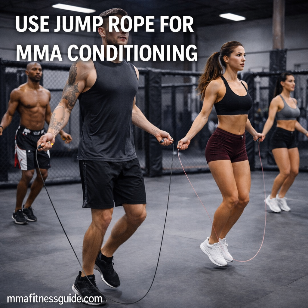 MMA athletes using jump ropes for conditioning inside a gym, highlighting jump rope training for MMA endurance and footwork.
