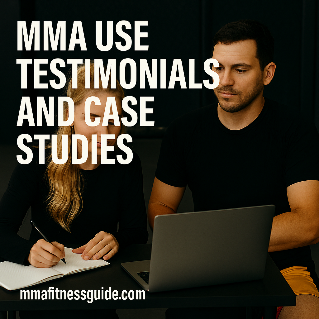 A man and woman sitting at a table in an MMA gym reviewing notes on a laptop, with the text “MMA Use Testimonials and Case Studies” and the mmafitnessguide.com watermark.