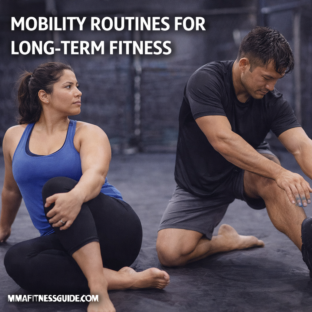 Athletes performing controlled mobility exercises on a gym mat to improve joint health, flexibility, and long-term fitness.