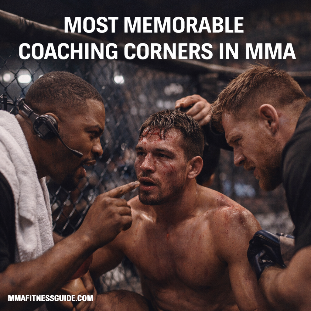 MMA fighter sitting in the corner between rounds as coaches give intense instructions, highlighting iconic coaching corners in MMA history.