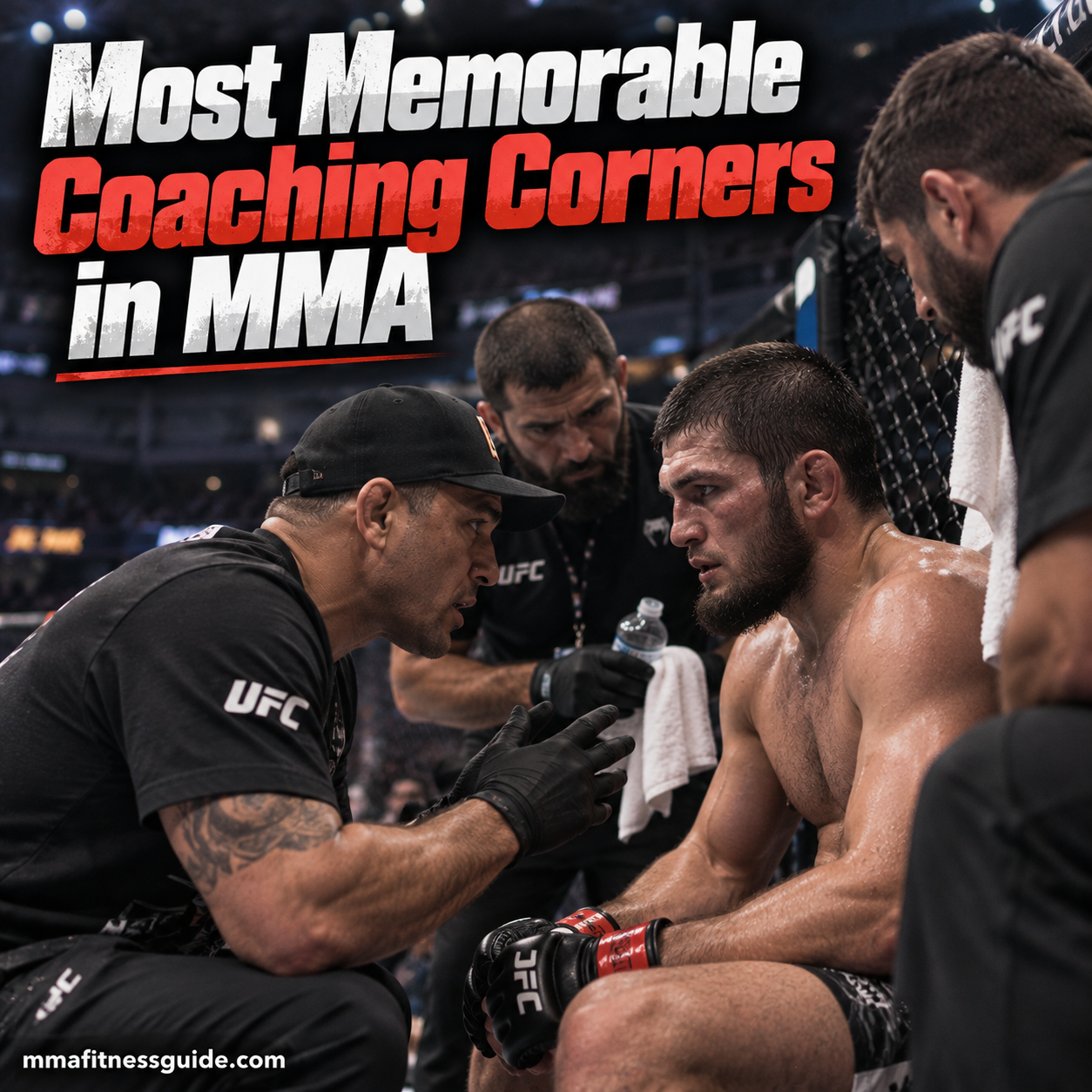 MMA fighter receiving instructions from his coaching corner between rounds during a professional fight
