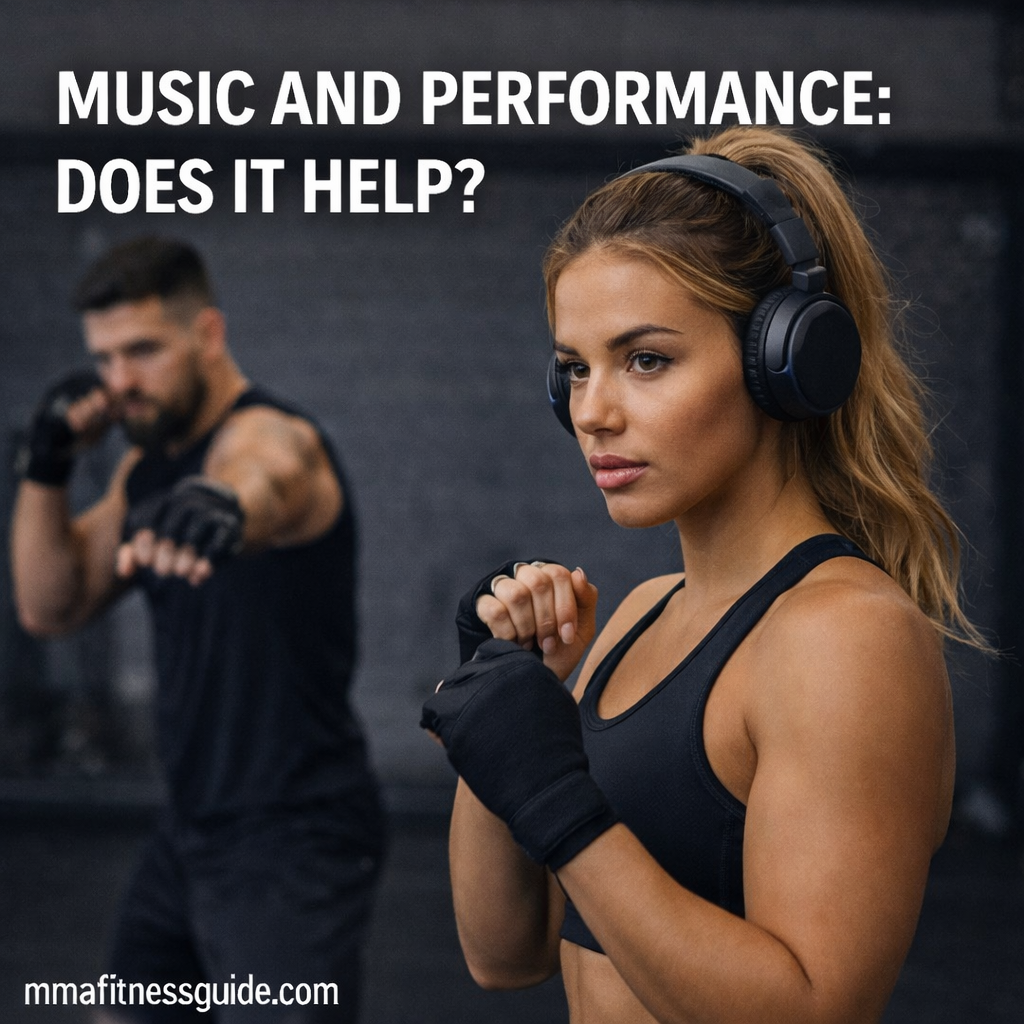 Female MMA fighter wearing headphones and focusing before training while a male fighter practices in the background.