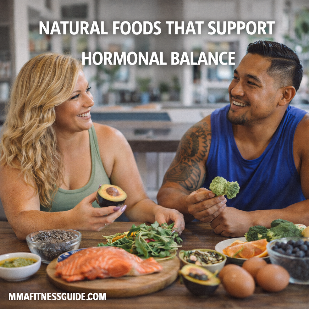 MMA athletes eating whole foods like salmon, avocado, and vegetables to support hormonal balance and performance.