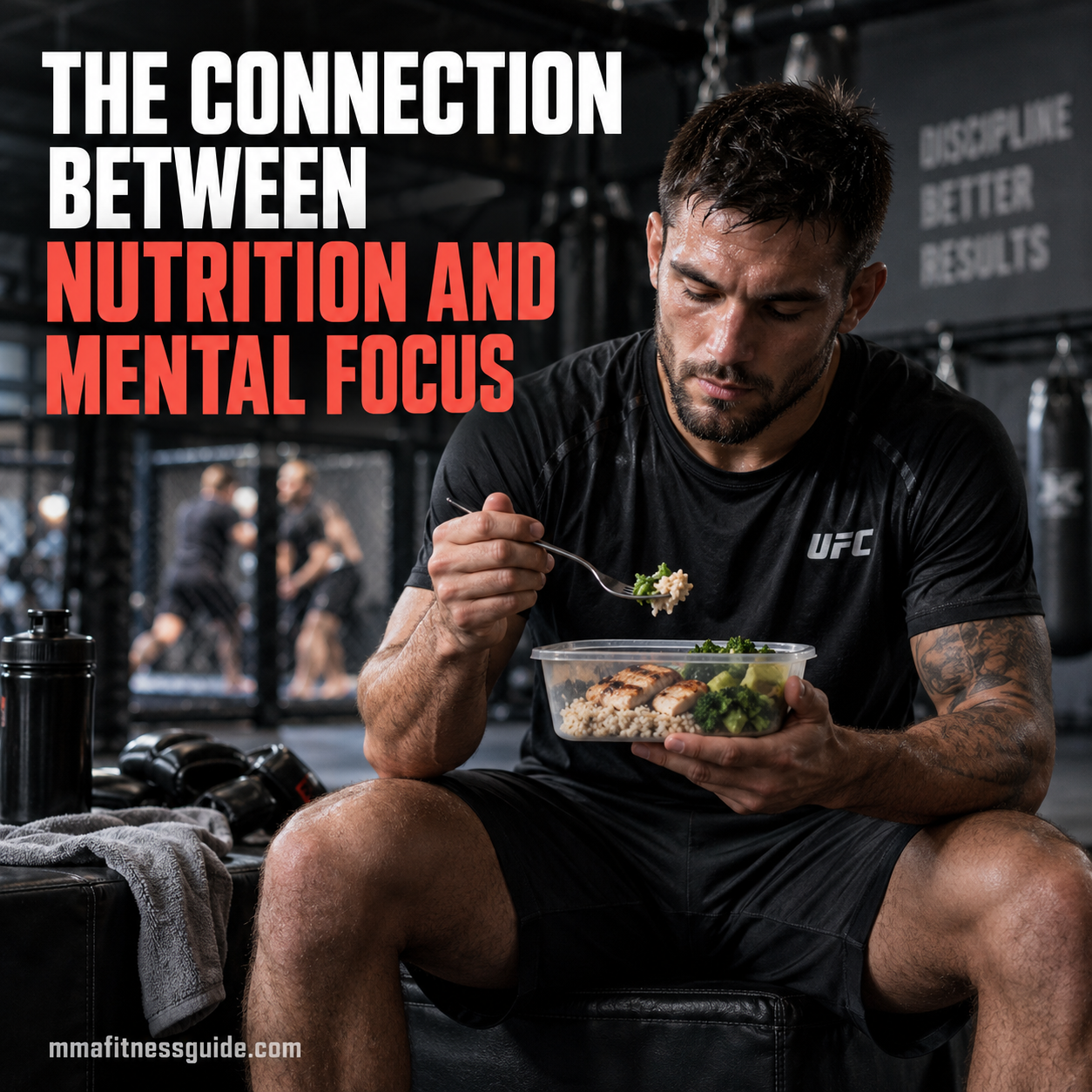 MMA fighter eating a balanced recovery meal at the gym to support nutrition and mental focus.