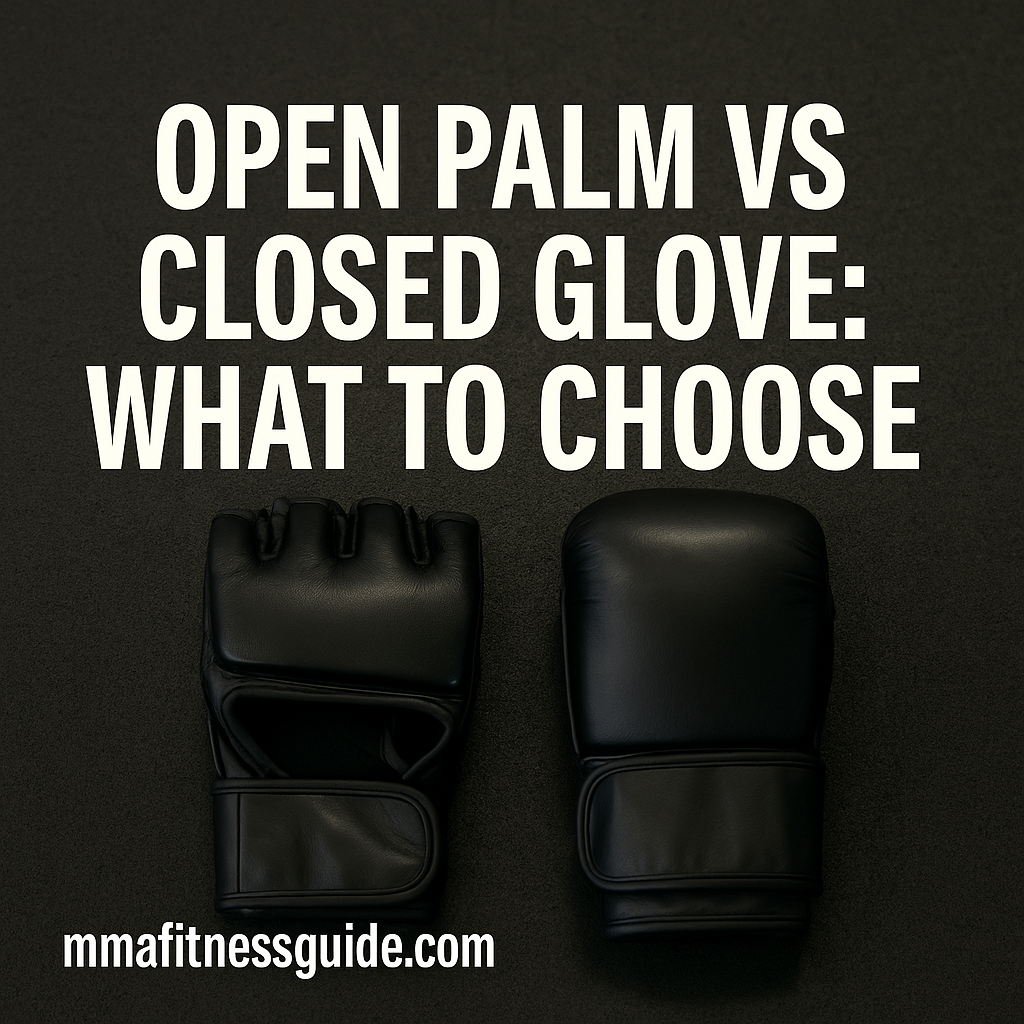 Two MMA gloves—a lightweight open-palm style and a padded closed boxing glove—placed side-by-side on a gym floor to illustrate the differences between glove types.