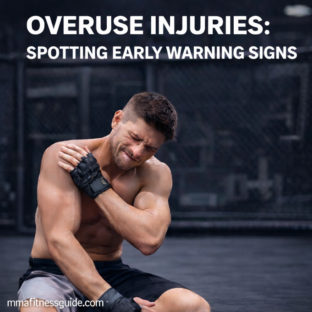 MMA fighter sitting on gym mats clutching his shoulder, showing early warning signs of overuse injuries during training.