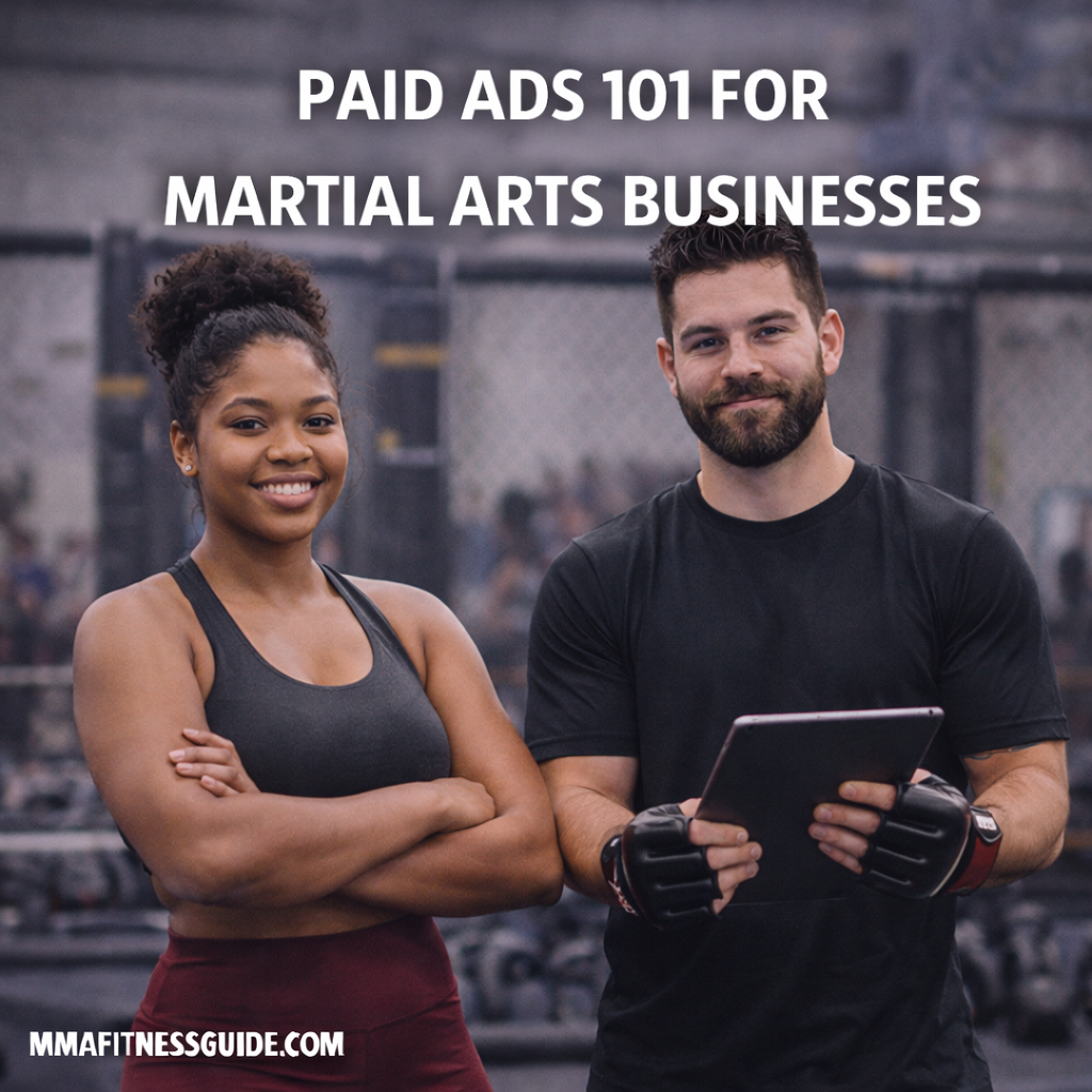 Martial arts business owners reviewing paid advertising strategies in an MMA gym.