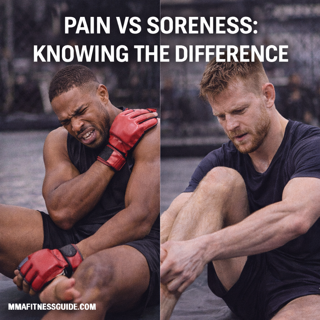 Split image of MMA athletes showing pain versus soreness, with one fighter holding an injured shoulder and another stretching muscles in a gym.