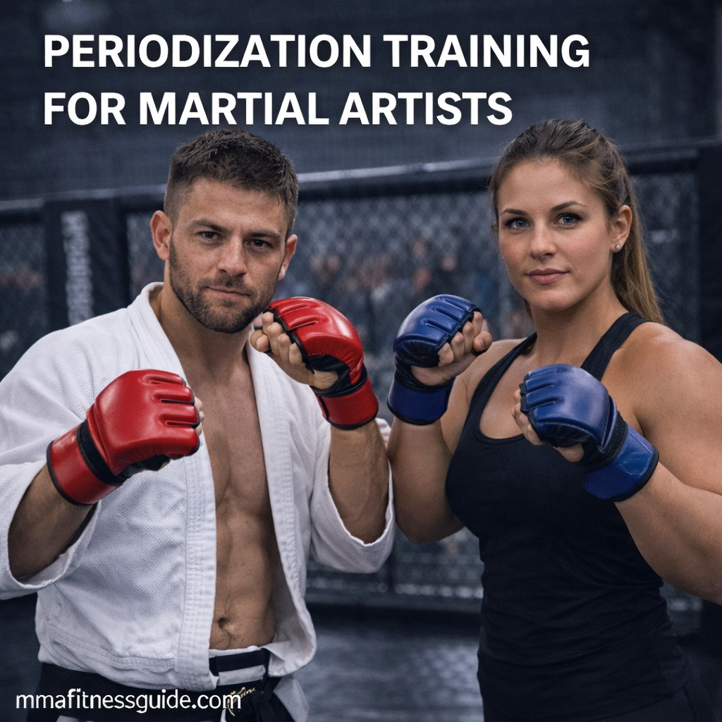 Male and female martial artists standing in a gym in fighting stances, representing structured periodization training for martial artists.