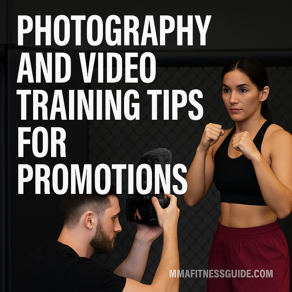 Male photographer filming a female MMA athlete in a gym, with bold promotional text on the left side.