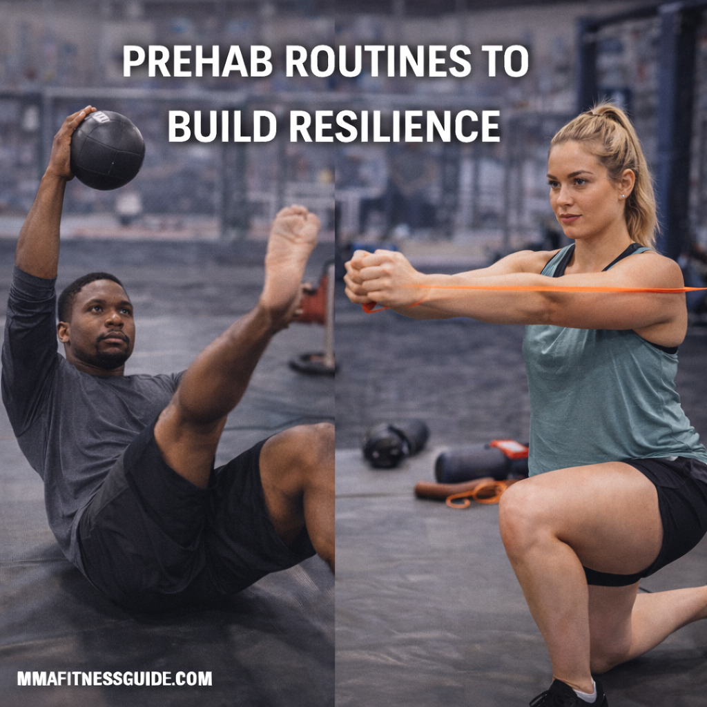 MMA athletes performing prehab exercises in a gym, focusing on joint stability, core control, and injury prevention to build long-term resilience.