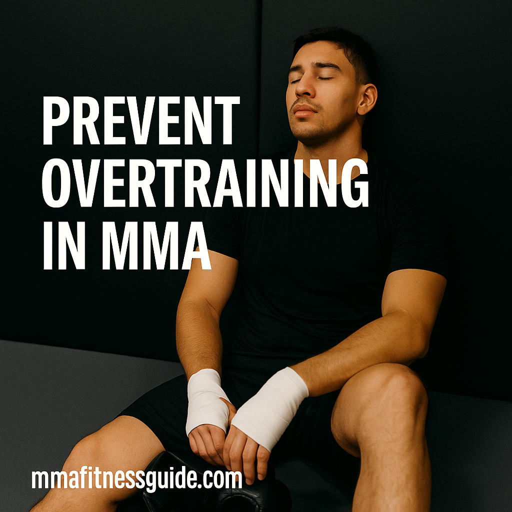 A tired MMA athlete sitting against the padded gym wall with his hands wrapped, representing the importance of preventing overtraining in mixed martial arts.