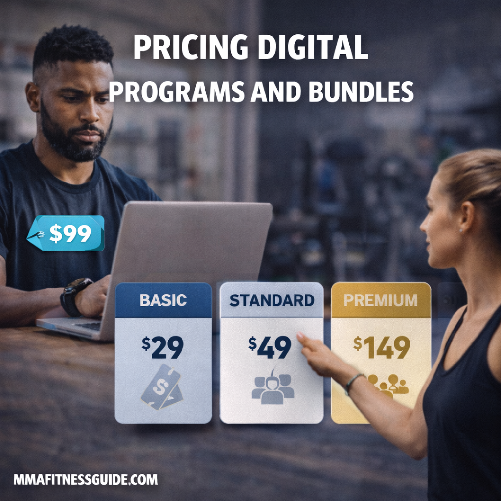 MMA coach reviewing digital program pricing on a laptop while discussing basic, standard, and premium bundles.