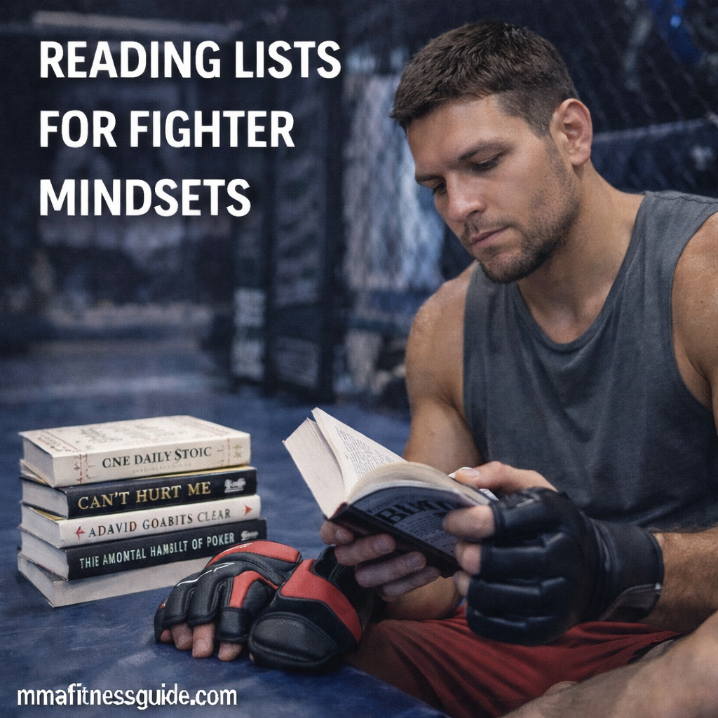 MMA fighter sitting on gym mats reading a book to build focus, discipline, and a strong fighter mindset.