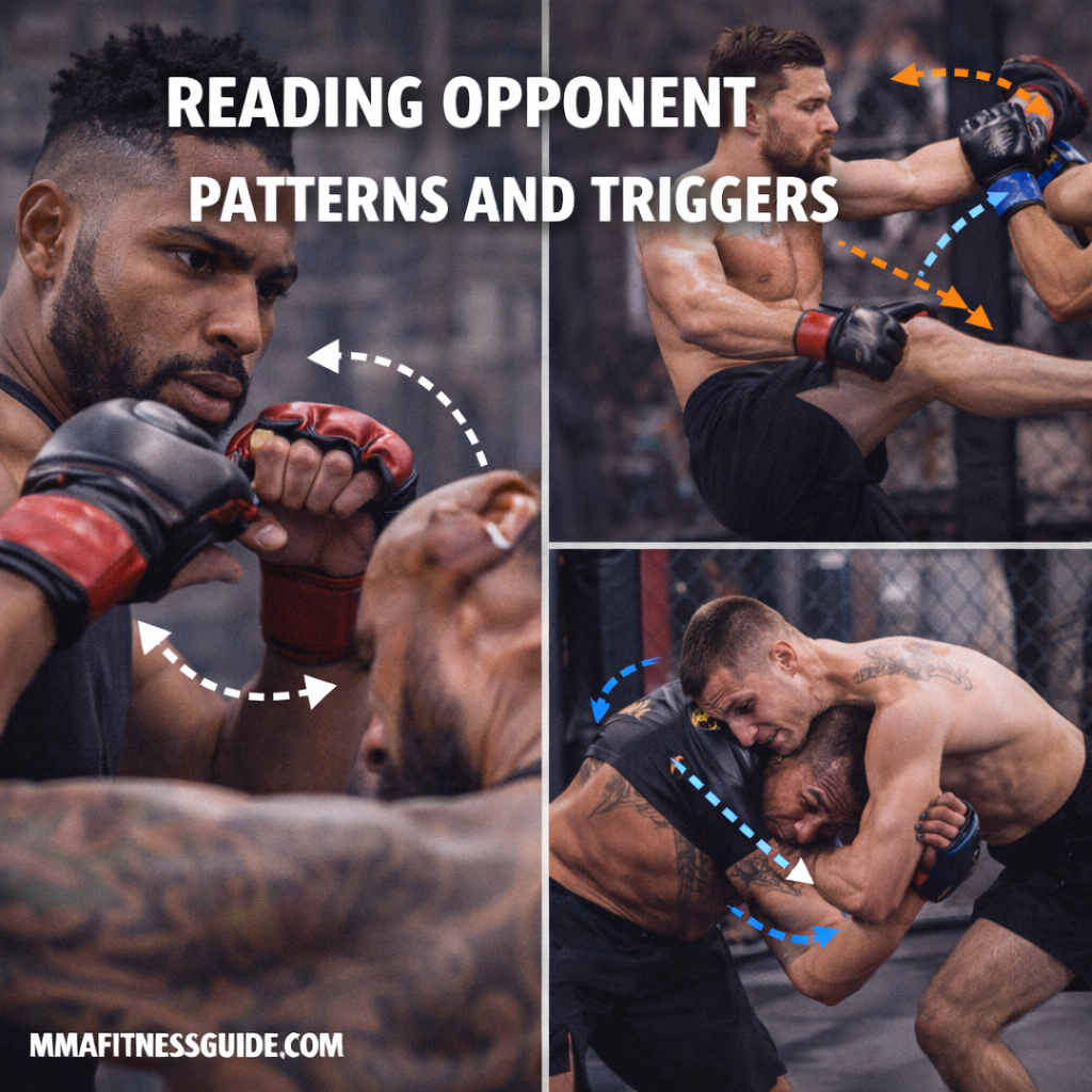 MMA fighters in striking and clinch exchanges with visual cues highlighting opponent patterns and reaction triggers during a fight.